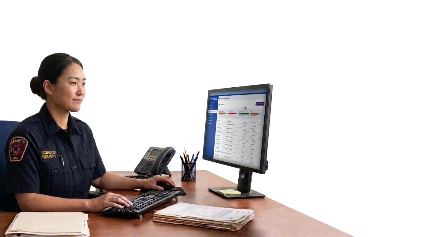 Training administrator reviewing continuing education status at a desk