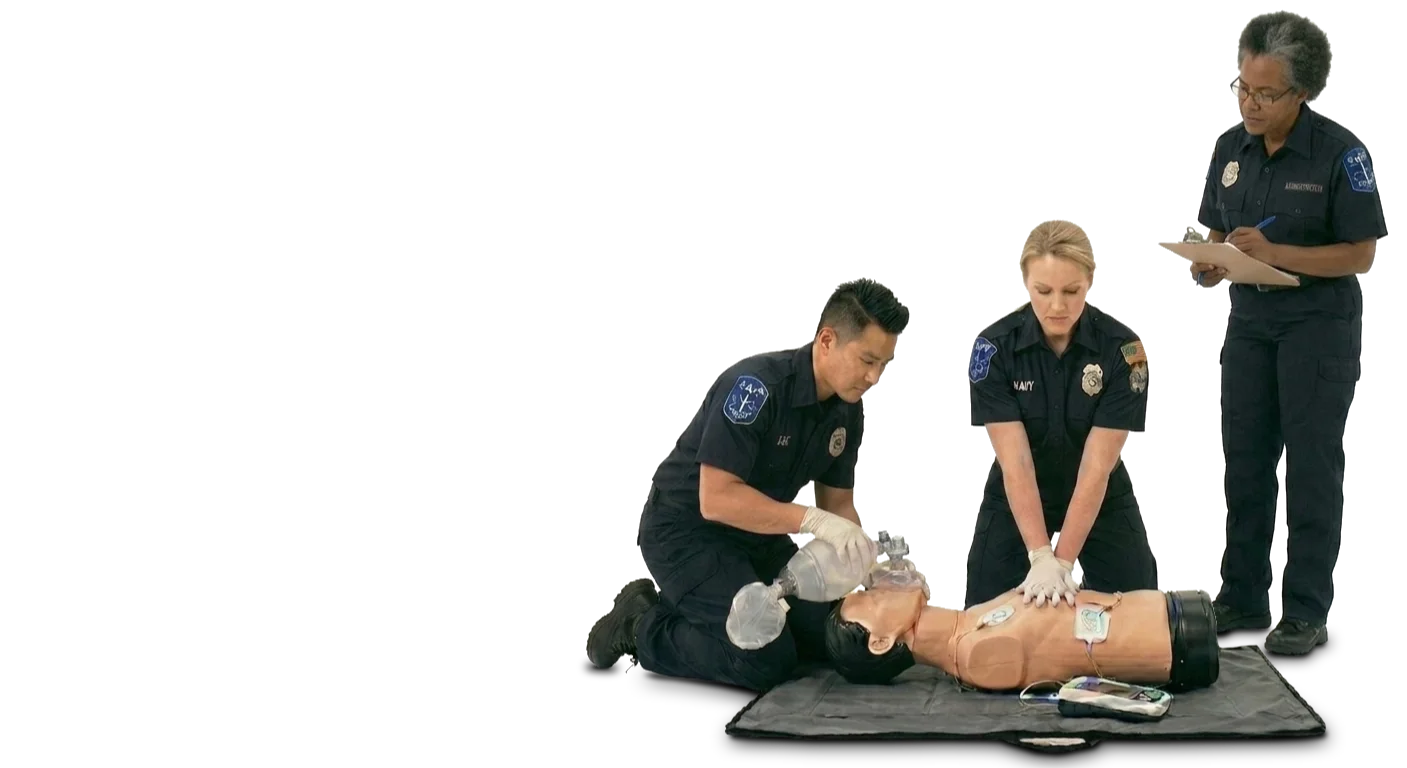 EMS personnel completing CPR training while an evaluator records the session